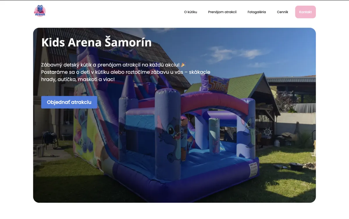 Úvodná stránka webu detského centra Kids Arena